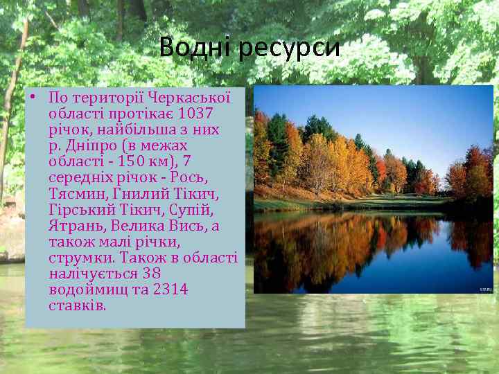 Водні ресурси • По території Черкаської області протікає 1037 річок, найбільша з них р.
