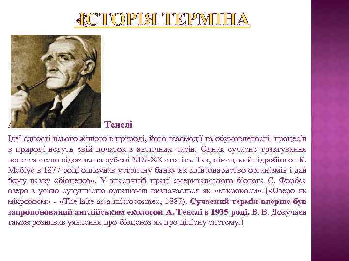 ІСТОРІЯ ТЕРМІНА А. Тенслі Ідеї єдності всього живого в природі, його взаємодії та обумовленості