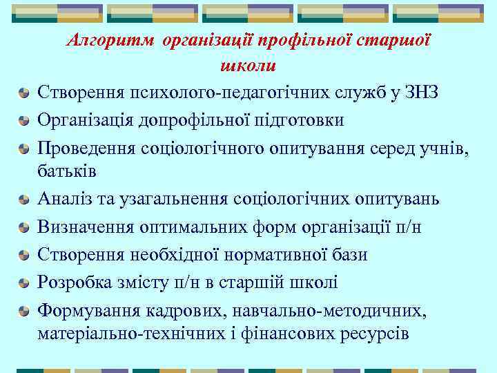 Алгоритм організації профільної старшої школи Створення психолого-педагогічних служб у ЗНЗ Організація допрофільної підготовки Проведення