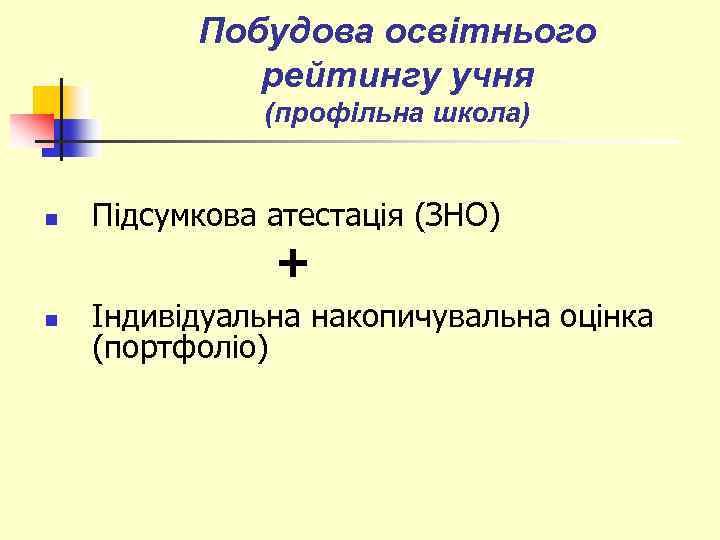 Побудова освітнього рейтингу учня (профільна школа) n Підсумкова атестація (ЗНО) + n Індивідуальна накопичувальна