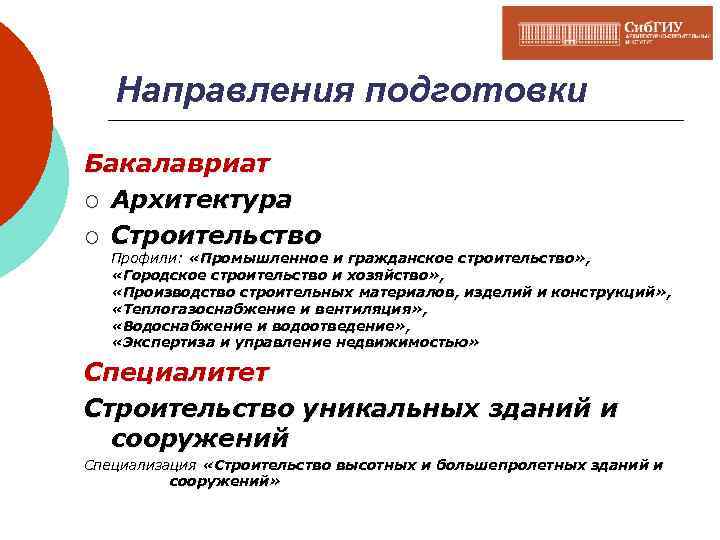 Направления подготовки Бакалавриат ¡ Архитектура ¡ Строительство Профили: «Промышленное и гражданское строительство» , «Городское