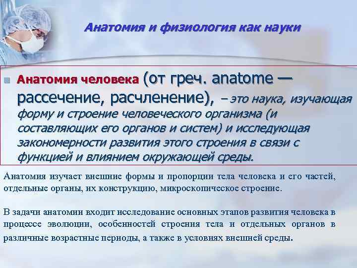 Анатомия и физиология как науки n Анатомия человека (от греч. anatome — рассечение, расчленение),