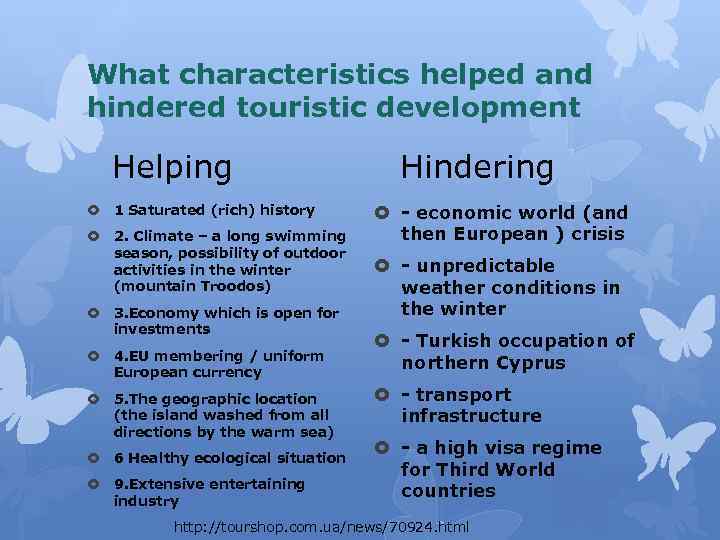 What characteristics helped and hindered touristic development Helping 1 Saturated (rich) history 2. Climate