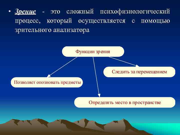  • Зрение - это сложный психофизиологический процесс, который осуществляется с помощью зрительного анализатора