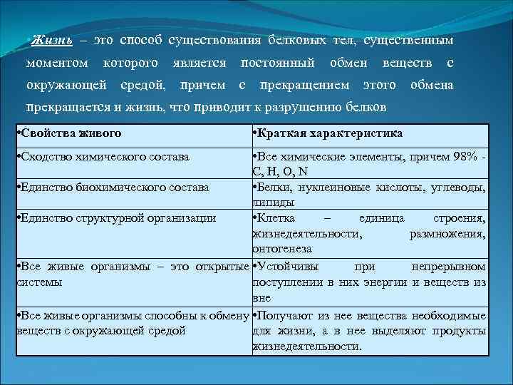  • Жизнь – это способ существования белковых тел, существенным моментом которого окружающей средой,