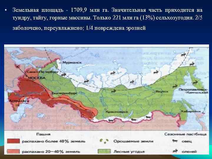  • Земельная площадь - 1709, 9 млн га. Значительная часть приходится на тундру,