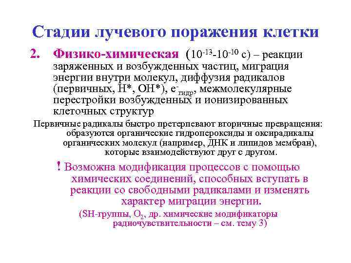 Стадии лучевого поражения клетки 2. Физико-химическая (10 -13 -10 -10 с) – реакции заряженных