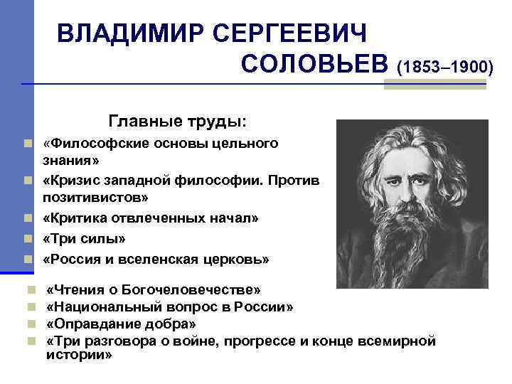 ВЛАДИМИР СЕРГЕЕВИЧ СОЛОВЬЕВ (1853– 1900) Главные труды: n «Философские основы цельного n n n