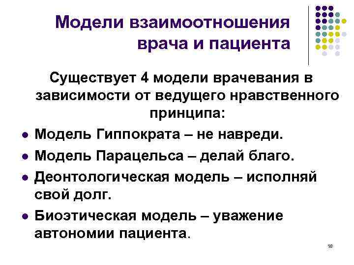 Модели взаимоотношения врача и пациента l l Существует 4 модели врачевания в зависимости от