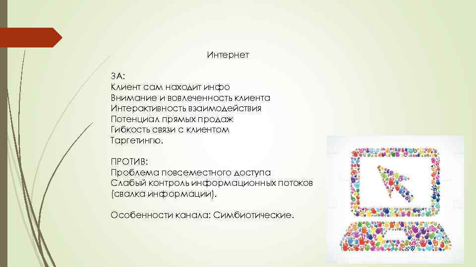 Интернет ЗА: Клиент сам находит инфо Внимание и вовлеченность клиента Интерактивность взаимодействия Потенциал прямых