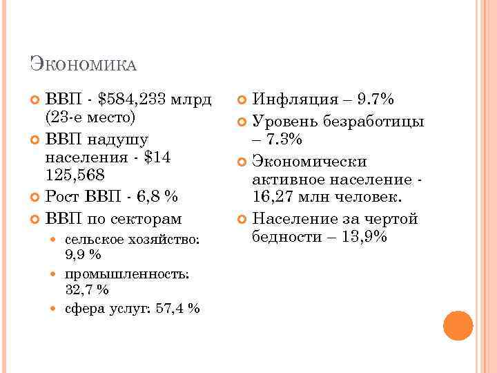 ЭКОНОМИКА ВВП - $584, 233 млрд (23 -е место) ВВП надушу населения - $14