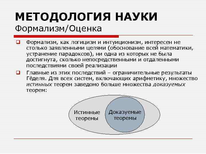 МЕТОДОЛОГИЯ НАУКИ Формализм/Оценка q q Формализм, как логицизм и интуиционизм, интересен не столько заявленными