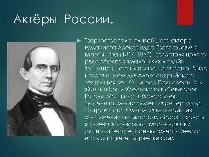 Актёры России. Творчество талантливейшего актерагуманиста Александра Евстафьевича Мартынова (1816 -1860), создателя целого ряда образов