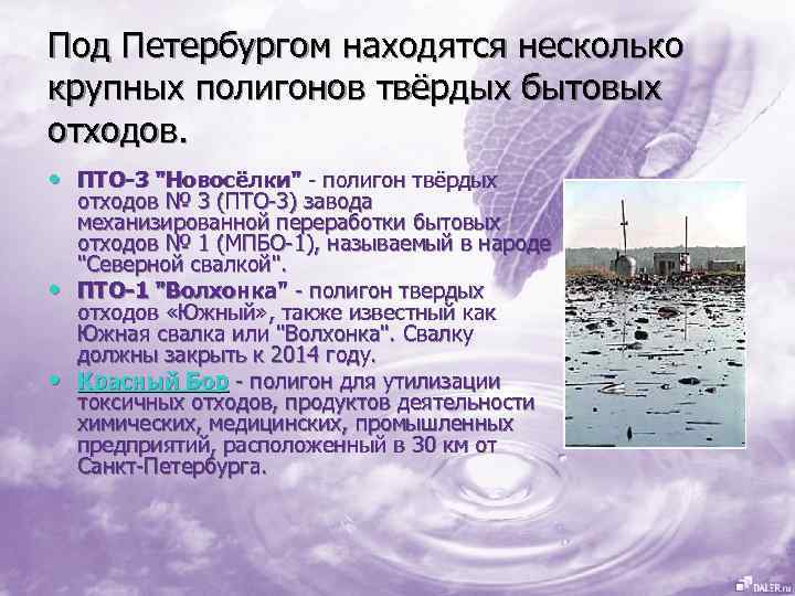 Под Петербургом находятся несколько крупных полигонов твёрдых бытовых отходов. • ПТО-3 "Новосёлки" - полигон