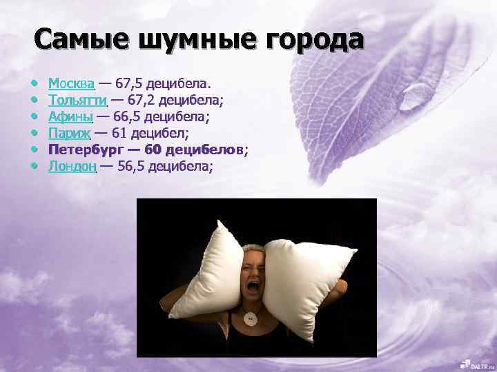 Самые шумные города • • • Москва — 67, 5 децибела. Тольятти — 67,