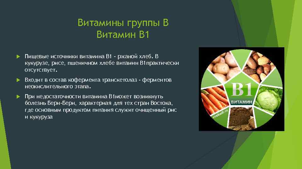 Витамины группы В Витамин B 1 Пищевые источники витамина В 1 - ржаной хлеб.
