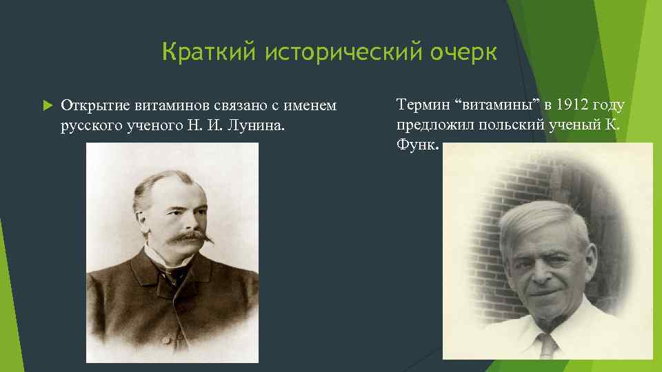 Краткий исторический очерк Открытие витаминов связано с именем русского ученого Н. И. Лунина. Термин