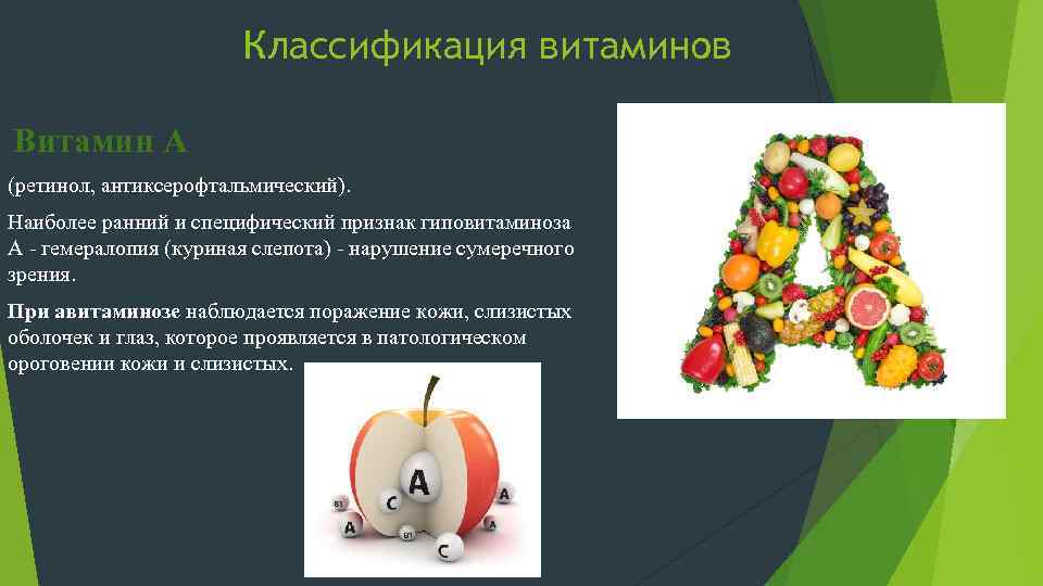 Классификация витаминов Витамин А (ретинол, антиксерофтальмический). Наиболее ранний и специфический признак гиповитаминоза А -