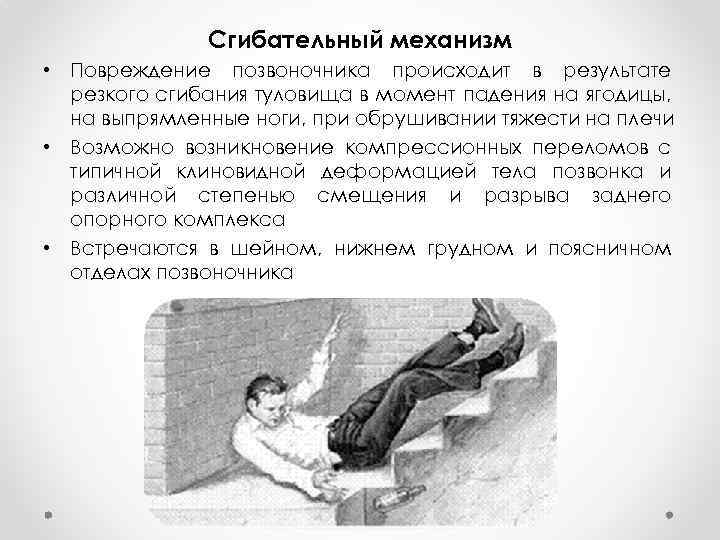 Сгибательный механизм • Повреждение позвоночника происходит в результате резкого сгибания туловища в момент падения