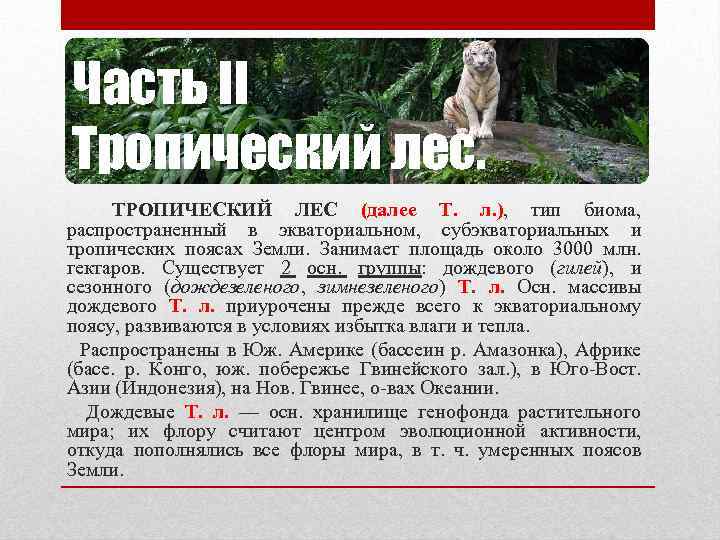 Часть II Тропический лес. ТРОПИЧЕСКИЙ ЛЕС (далее Т. л. ), тип биома, распространенный в