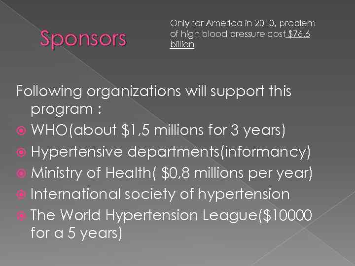 Sponsors Only for America in 2010, problem of high blood pressure cost $76. 6