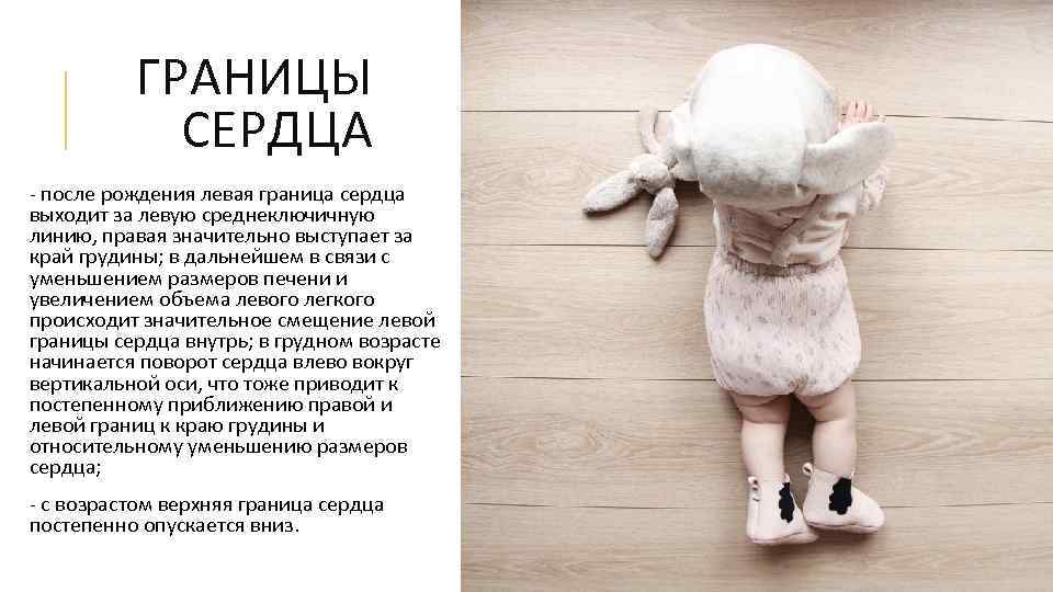 ГРАНИЦЫ СЕРДЦА - после рождения левая граница сердца выходит за левую среднеключичную линию, правая