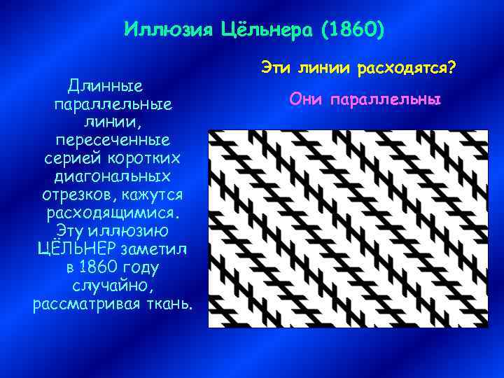 Иллюзия Цёльнера (1860) Длинные параллельные линии, пересеченные серией коротких диагональных отрезков, кажутся расходящимися. Эту