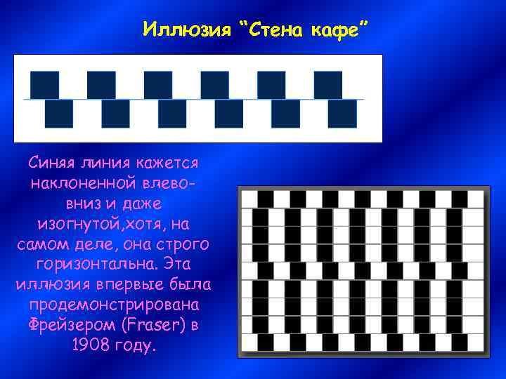 Иллюзия “Стена кафе” Синяя линия кажется наклоненной влевовниз и даже изогнутой, хотя, на самом