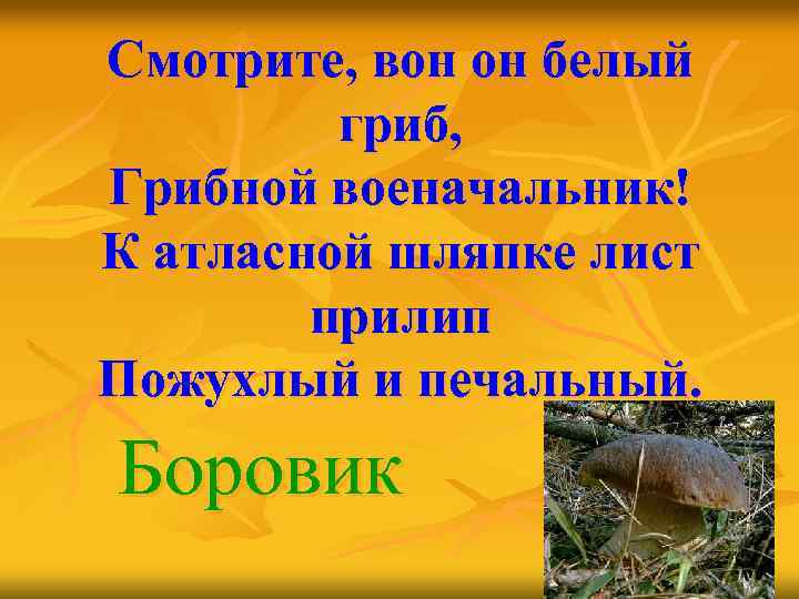 Смотрите, вон он белый гриб, Грибной военачальник! К атласной шляпке лист прилип Пожухлый и