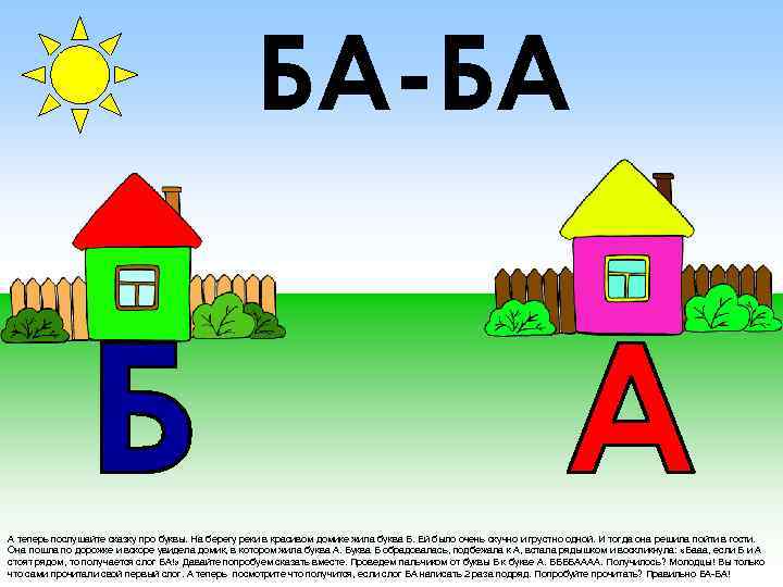 БА-БА А теперь послушайте сказку про буквы. На берегу реки в красивом домике жила