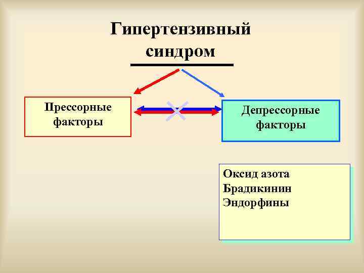 Гипертензивный синдром Прессорные факторы Депрессорные факторы Оксид азота Брадикинин Эндорфины 