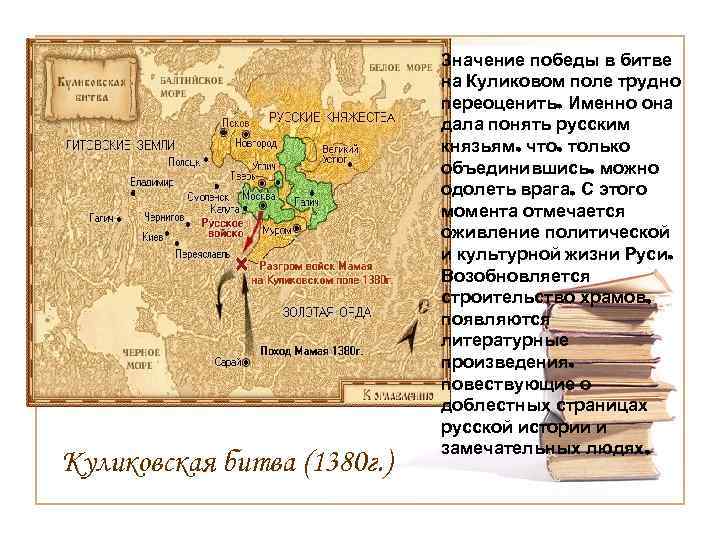 Куликовская битва (1380 г. ) Значение победы в битве на Куликовом поле трудно переоценить.