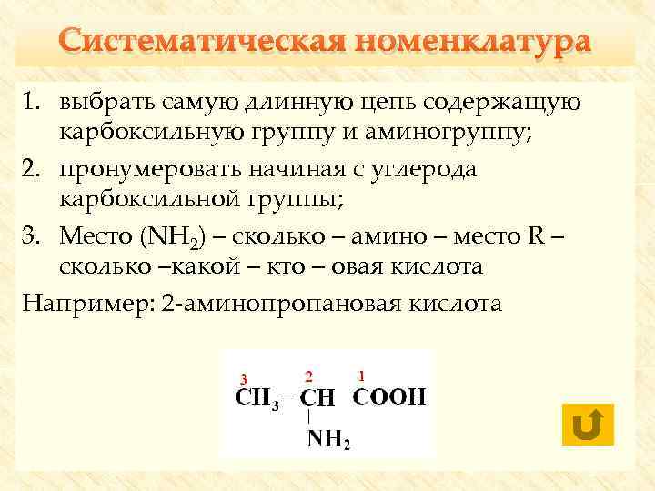 Систематическая номенклатура 1. выбрать самую длинную цепь содержащую карбоксильную группу и аминогруппу; 2. пронумеровать