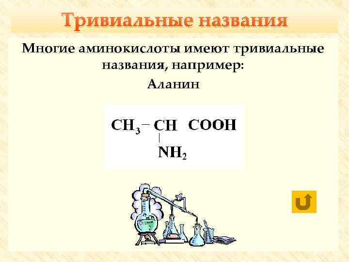 Тривиальные названия Многие аминокислоты имеют тривиальные названия, например: Аланин 