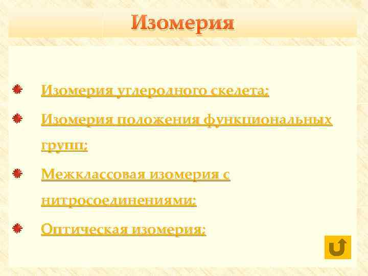 Изомерия углеродного скелета; Изомерия положения функциональных групп; Межклассовая изомерия с нитросоединениями; Оптическая изомерия; 