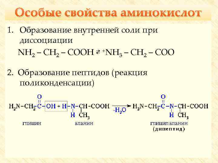 Особые свойства аминокислот 1. Образование внутренней соли при диссоциации NH 2 – COOH ⇄