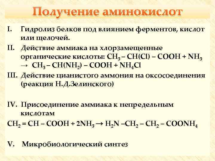 Получение аминокислот I. Гидролиз белков под влиянием ферментов, кислот или щелочей. II. Действие аммиака