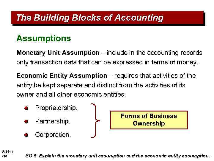 The Building Blocks of Accounting Assumptions Monetary Unit Assumption – include in the accounting