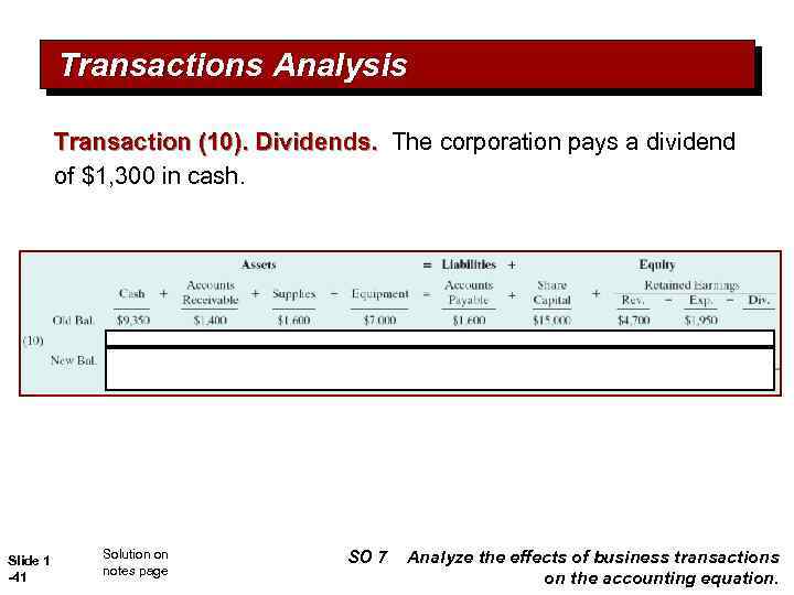 Transactions Analysis Transaction (10). Dividends. The corporation pays a dividend of $1, 300 in