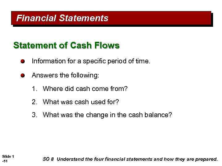 Financial Statements Statement of Cash Flows Information for a specific period of time. Answers