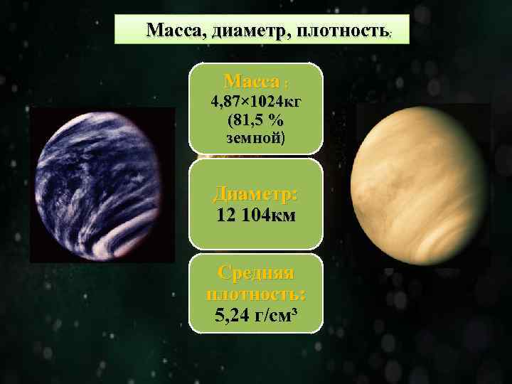 Масса, диаметр, плотность; Масса : 4, 87× 1024 кг (81, 5 % земной) земной