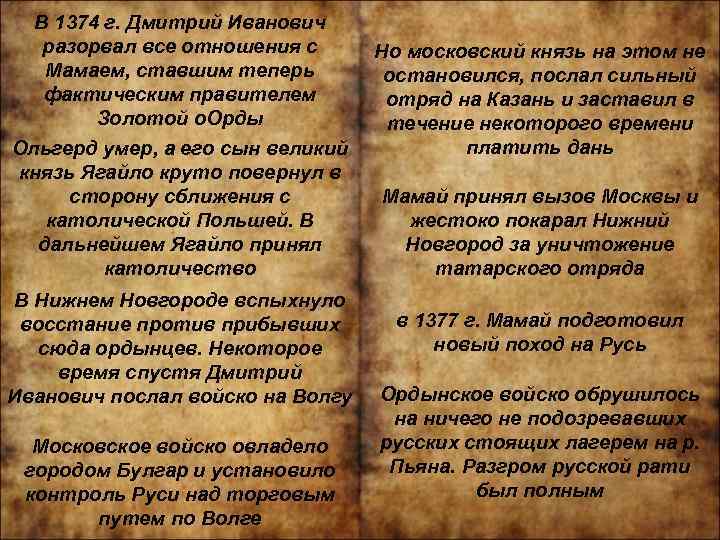 В 1374 г. Дмитрий Иванович разорвал все отношения с Мамаем, ставшим теперь фактическим правителем