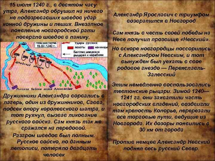 15 июля 1240 г. , в девятом часу утра, Александр обрушил на ничего не