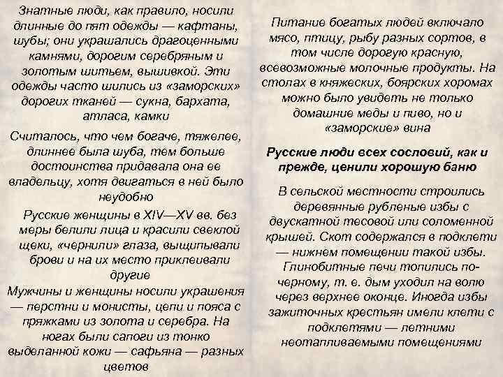 Знатные люди, как правило, носили длинные до пят одежды — кафтаны, шубы; они украшались