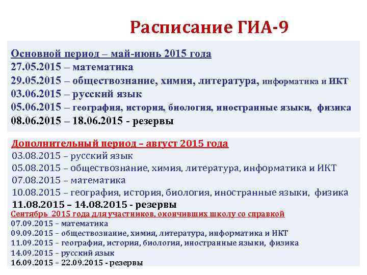 Расписание ГИА-9 Основной период – май-июнь 2015 года 27. 05. 2015 – математика 29.