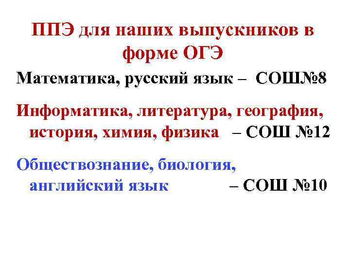 ППЭ для наших выпускников в форме ОГЭ Математика, русский язык – СОШ№ 8 Информатика,