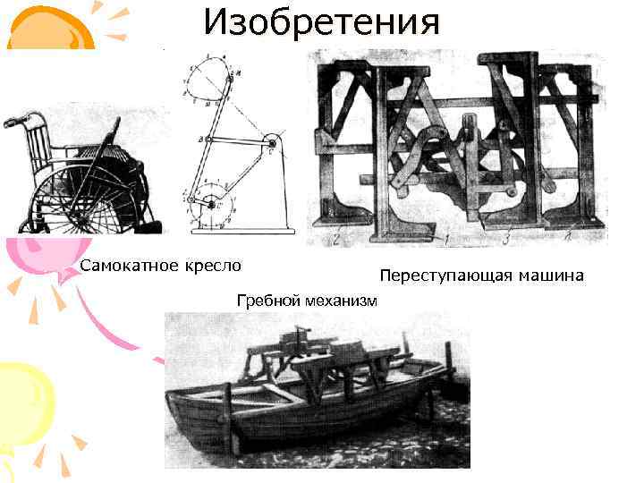 Изобретения Самокатное кресло Гребной механизм Переступающая машина 