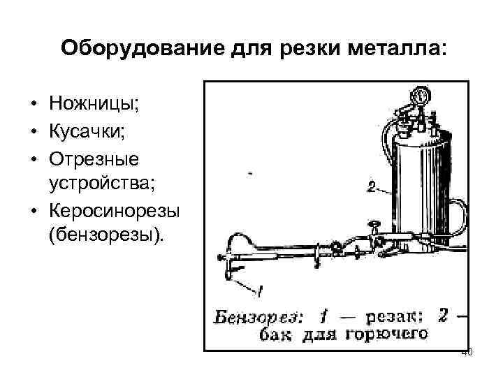 Оборудование для резки металла: • Ножницы; • Кусачки; • Отрезные устройства; • Керосинорезы (бензорезы).