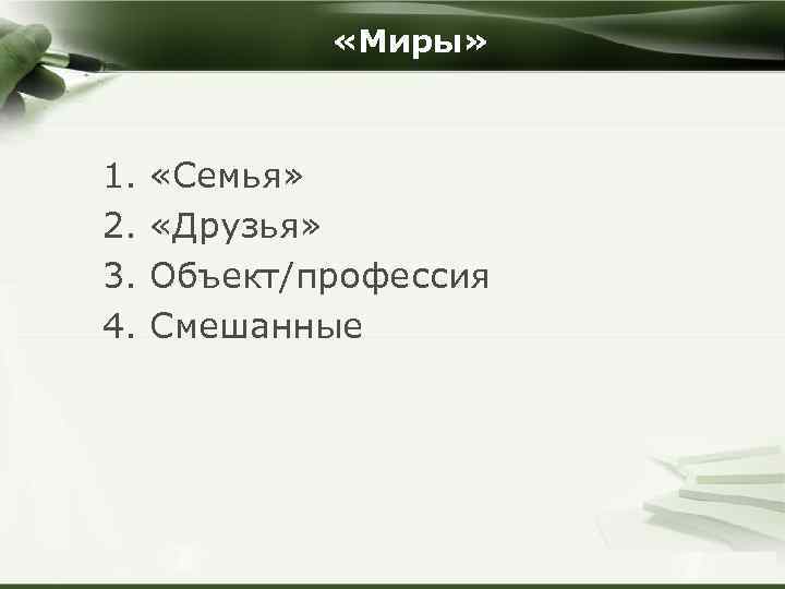  «Миры» 1. 2. 3. 4. «Семья» «Друзья» Объект/профессия Смешанные Company Logo Copyright ©