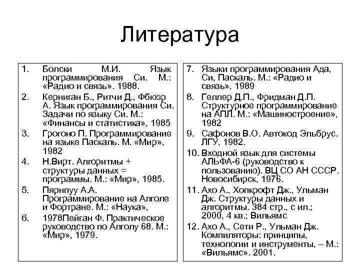 Литература 1. 2. 3. 4. 5. 6. Болски М. И. Язык программирования Си. М.